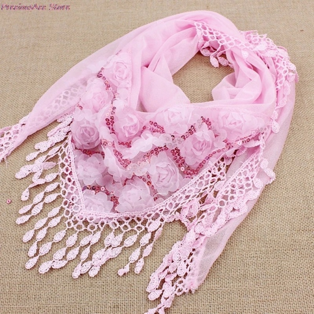 Pink Women Tassel Shawls And Scarves Silk Flower Lace Triangle Pendant